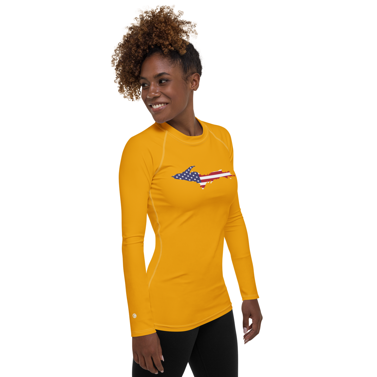 Michigan Upper Peninsula Rash Guard (w/ UP USA Flag) | Women's - Birch Leaf Orange