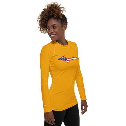 Michigan Upper Peninsula Rash Guard (w/ UP USA Flag) | Women's - Birch Leaf Orange