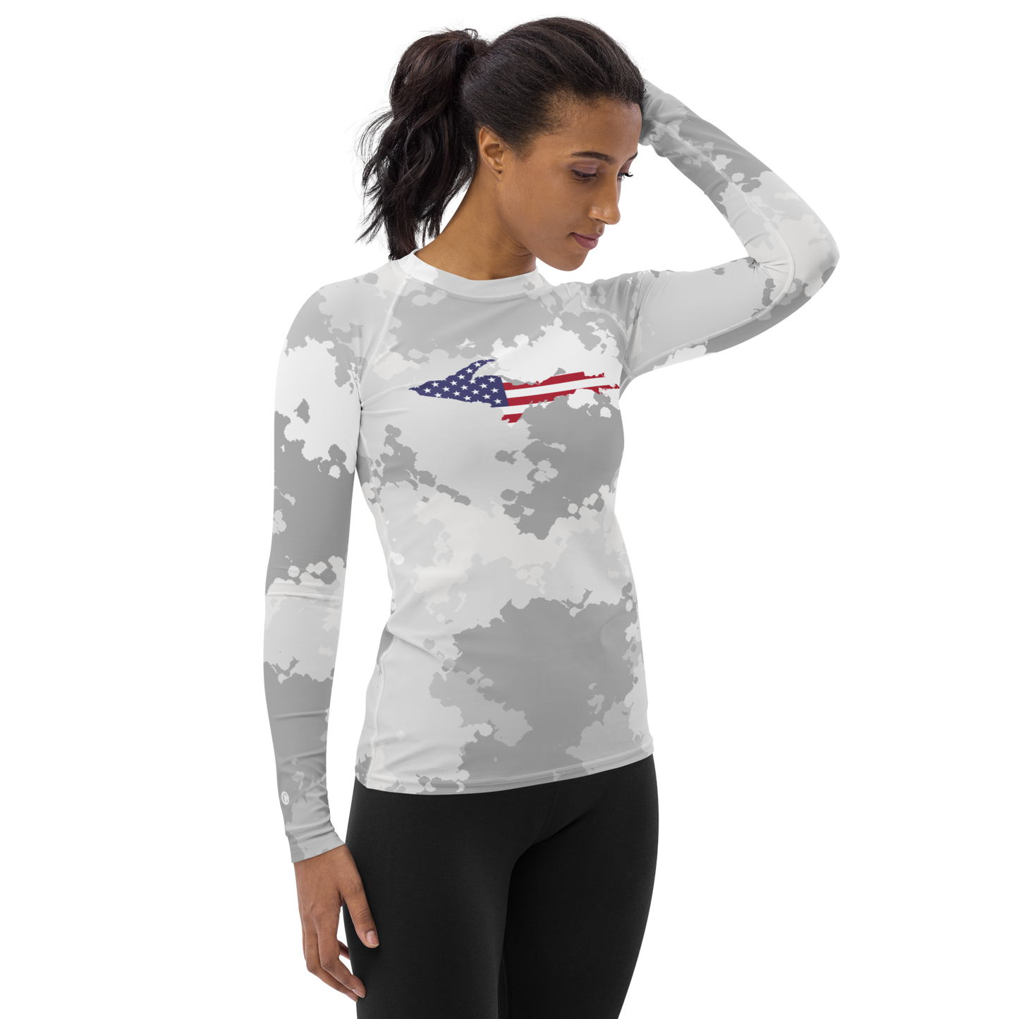 Michigan Upper Peninsula Rash Guard (w/ UP USA Flag) | Women's - Snow Camo