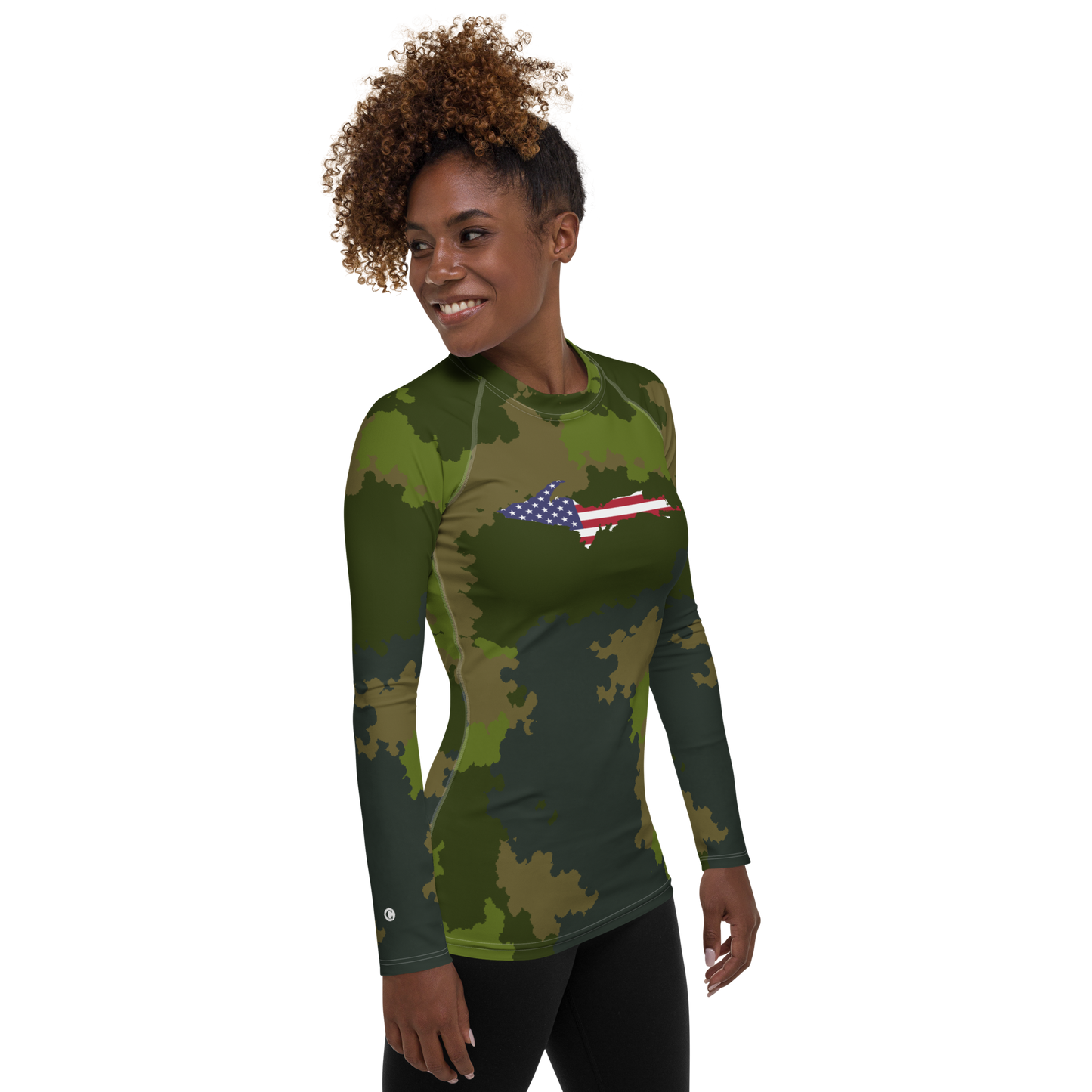 Michigan Upper Peninsula Rash Guard (w/ UP USA Flag) | Women's - Woodland Camo