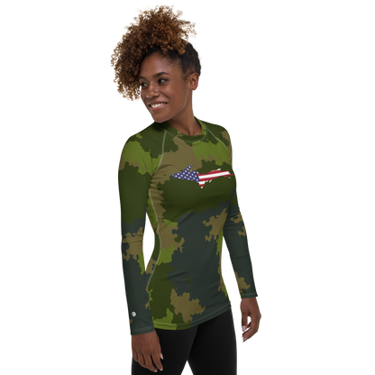 Michigan Upper Peninsula Rash Guard (w/ UP USA Flag) | Women's - Woodland Camo