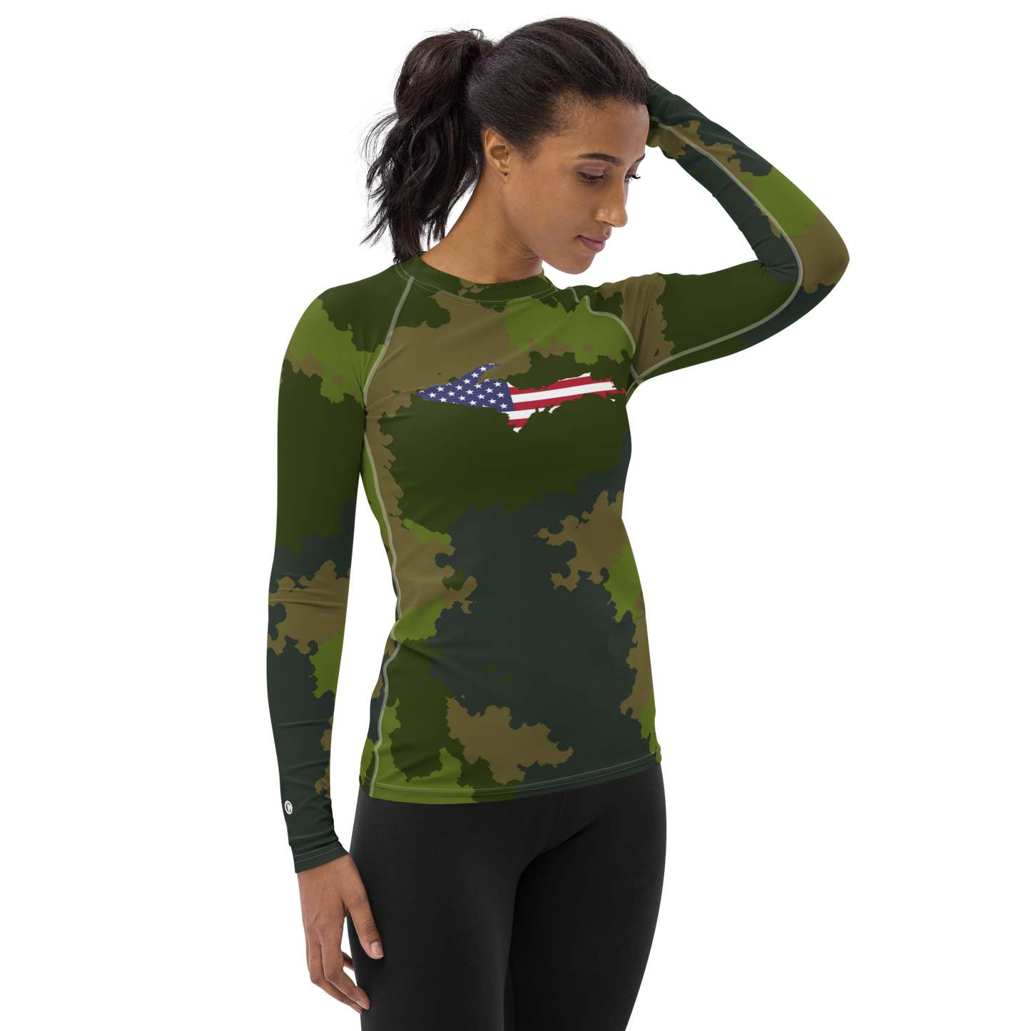 Michigan Upper Peninsula Rash Guard (w/ UP USA Flag) | Women's - Woodland Camo