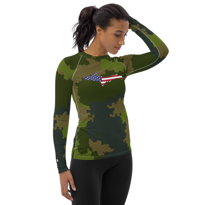 Michigan Upper Peninsula Rash Guard (w/ UP USA Flag) | Women's - Woodland Camo