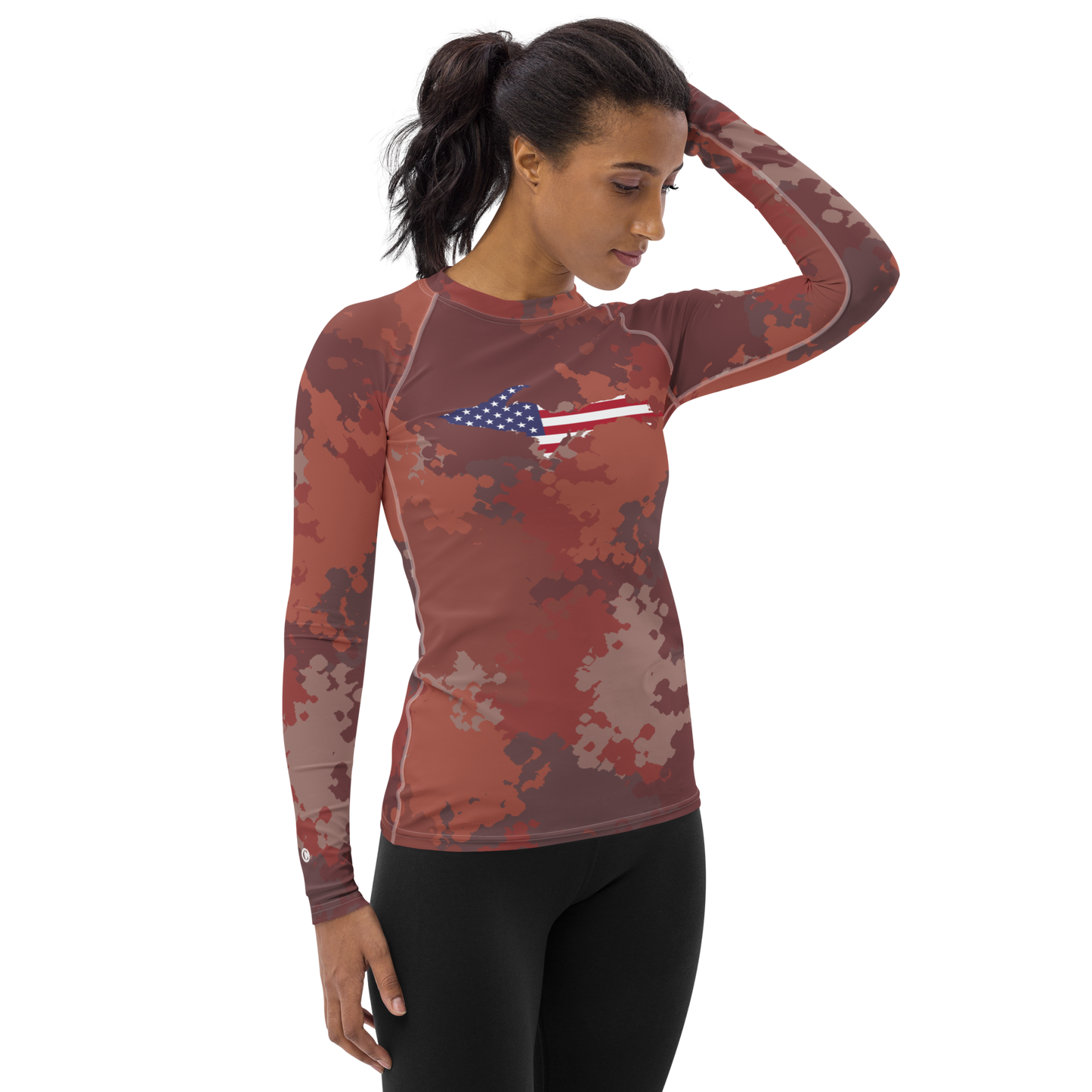 Michigan Upper Peninsula Rash Guard (w/ UP USA Flag) | Women's - Ore Dock Camo