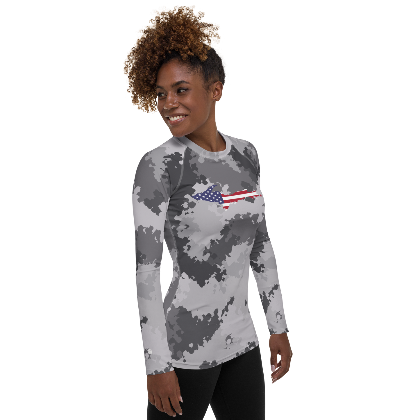 Michigan Upper Peninsula Rash Guard (w/ UP USA Flag) | Women's - Iron Ore Camo