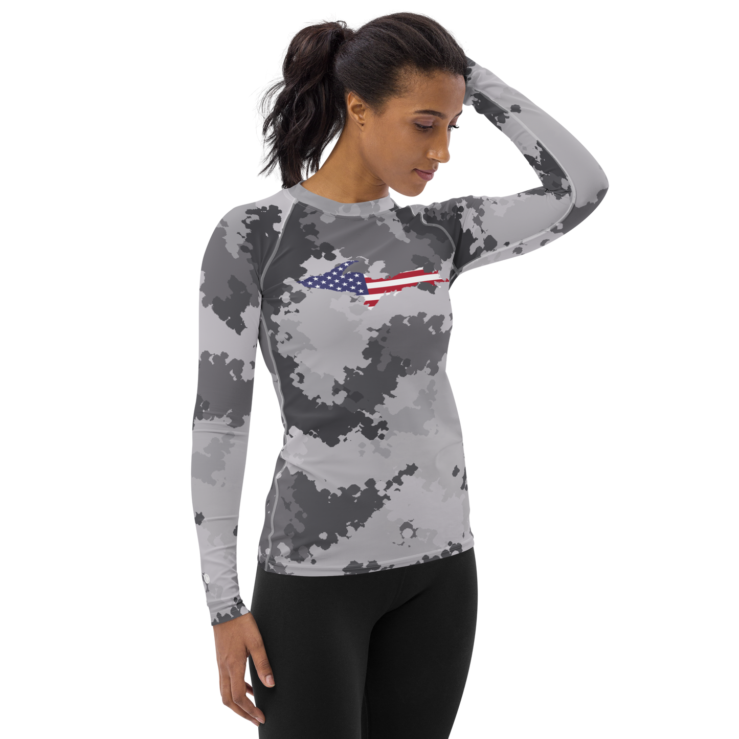 Michigan Upper Peninsula Rash Guard (w/ UP USA Flag) | Women's - Iron Ore Camo