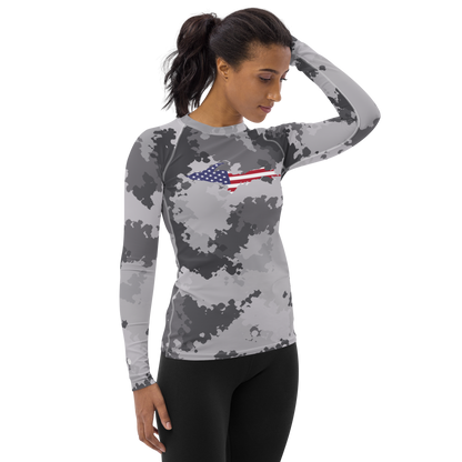 Michigan Upper Peninsula Rash Guard (w/ UP USA Flag) | Women's - Iron Ore Camo