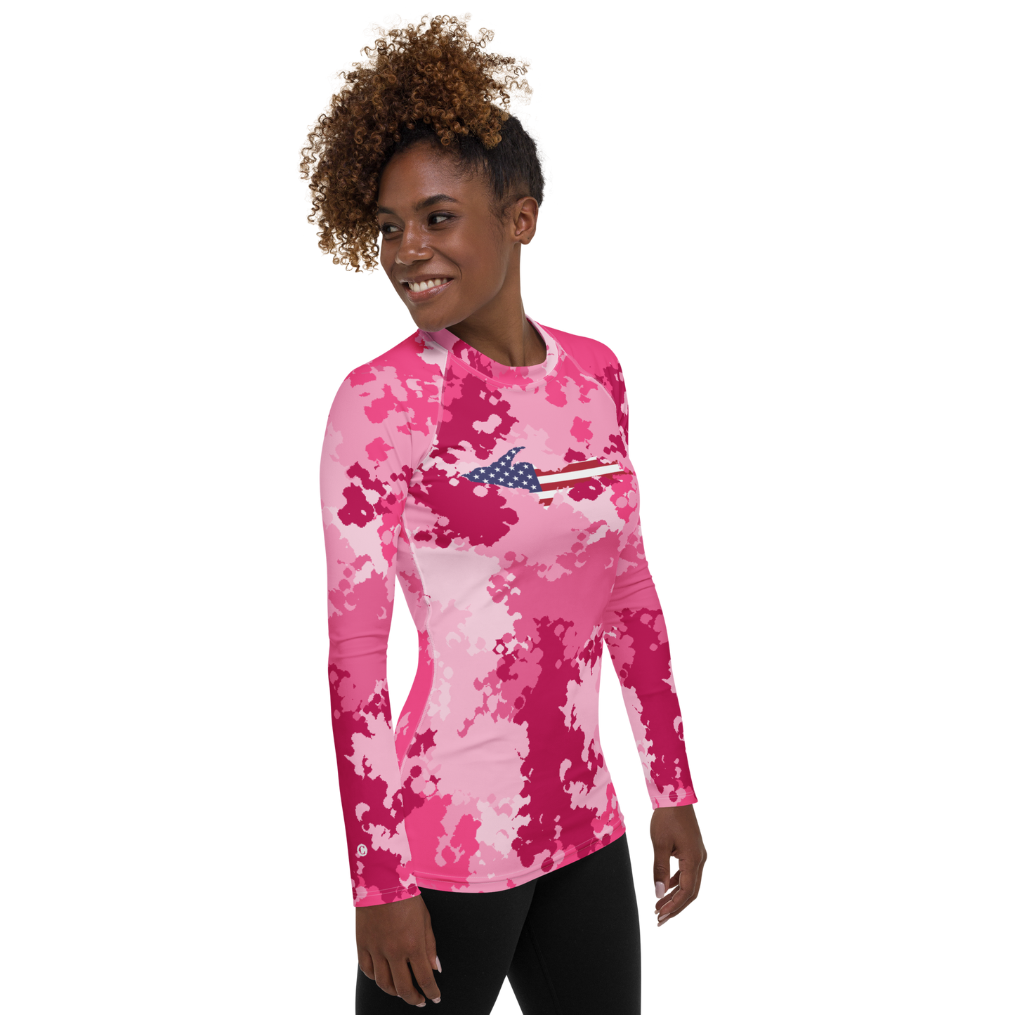 Michigan Upper Peninsula Rash Guard (w/ UP USA Flag) | Women's - Pink Camo