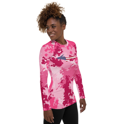 Michigan Upper Peninsula Rash Guard (w/ UP USA Flag) | Women's - Pink Camo