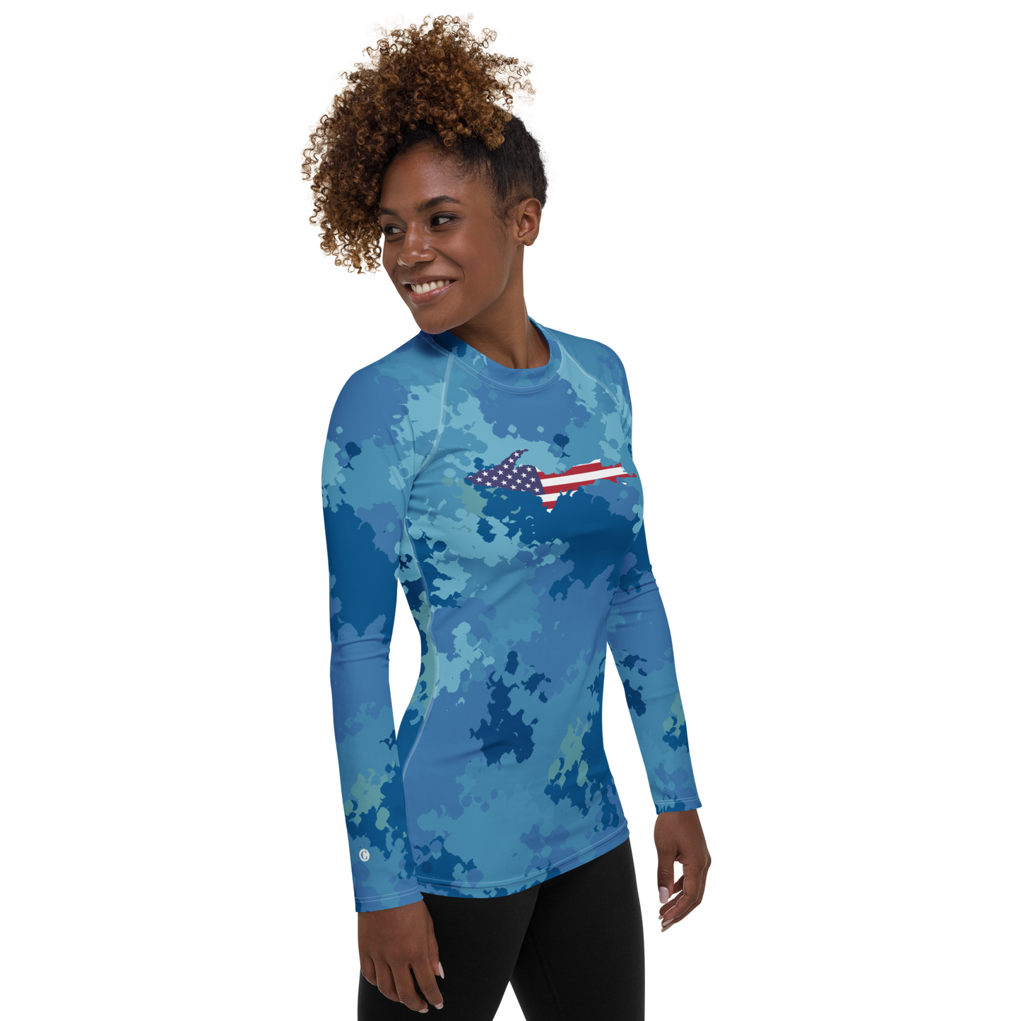 Michigan Upper Peninsula Rash Guard (w/ UP USA Flag) | Women's - Great Lakes Camo