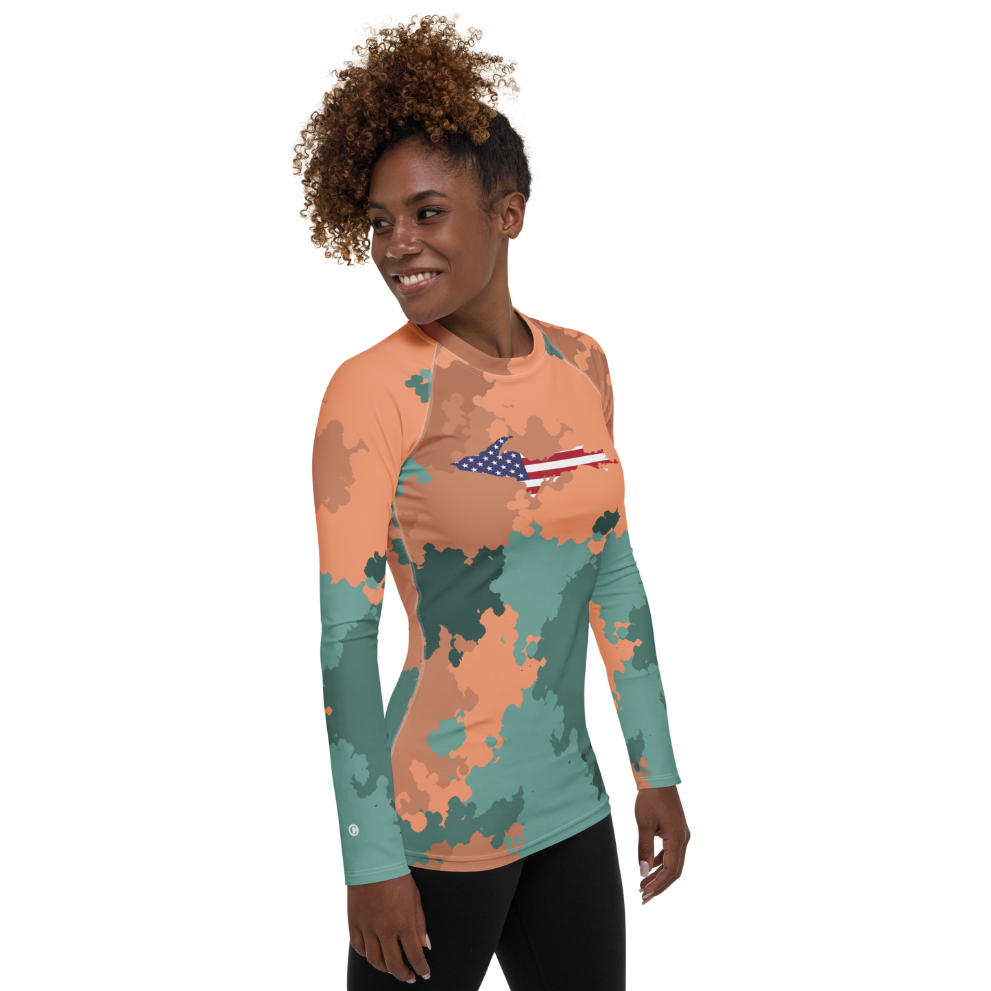 Michigan Upper Peninsula Rash Guard (w/ UP USA Flag) | Women's - Copper Country Camo