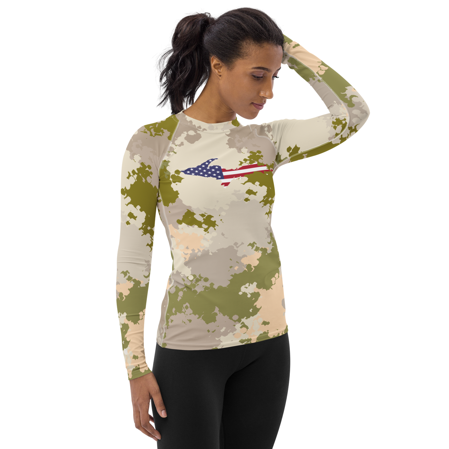 Michigan Upper Peninsula Rash Guard (w/ UP USA Flag) | Women's - Rosy Mound Camo