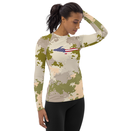 Michigan Upper Peninsula Rash Guard (w/ UP USA Flag) | Women's - Rosy Mound Camo