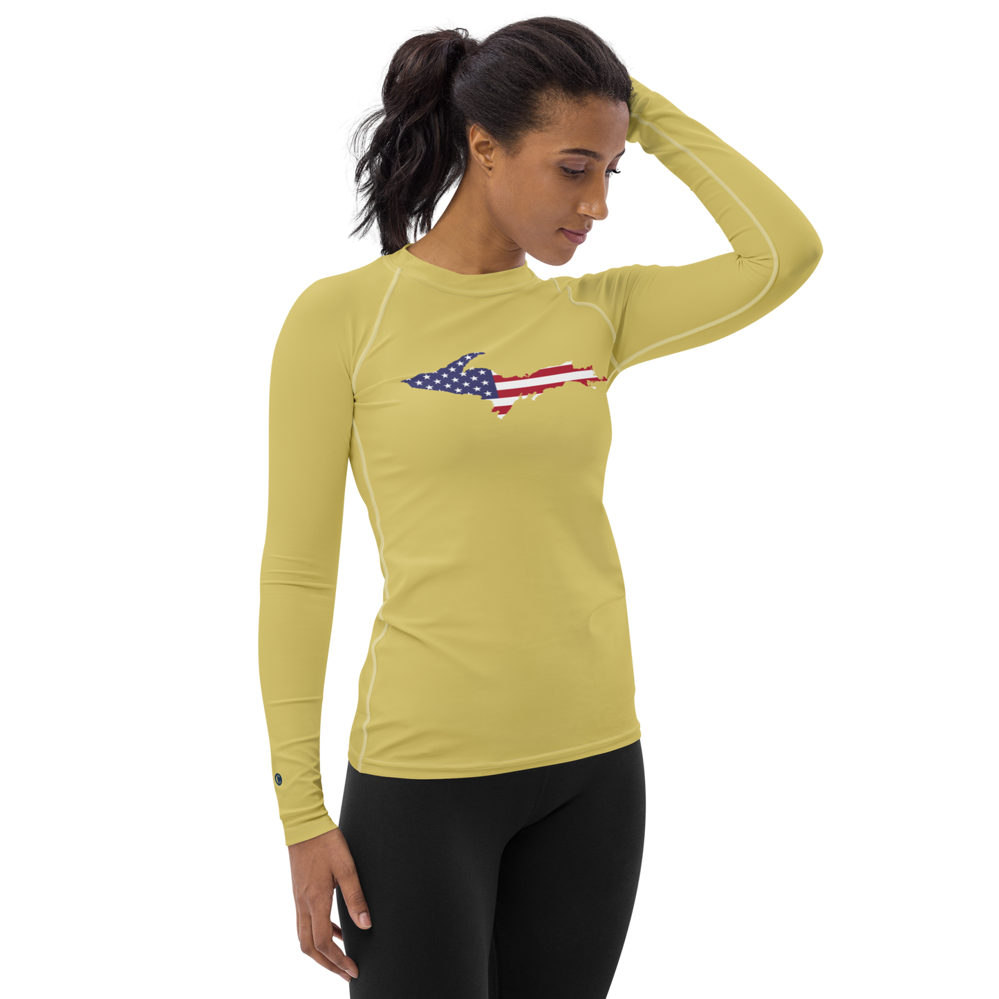 Michigan Upper Peninsula Rash Guard (w/ UP USA Flag) | Women's - Plum Yellow