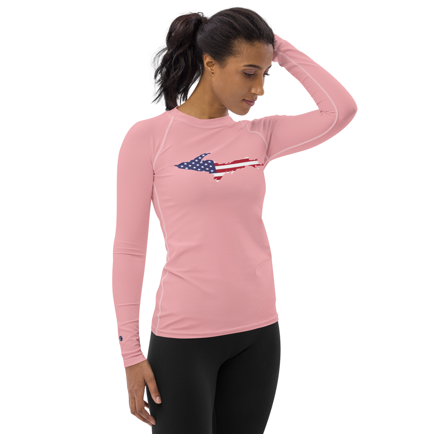 Michigan Upper Peninsula Rash Guard (w/ UP USA Flag) | Women's - Strawberry Pink