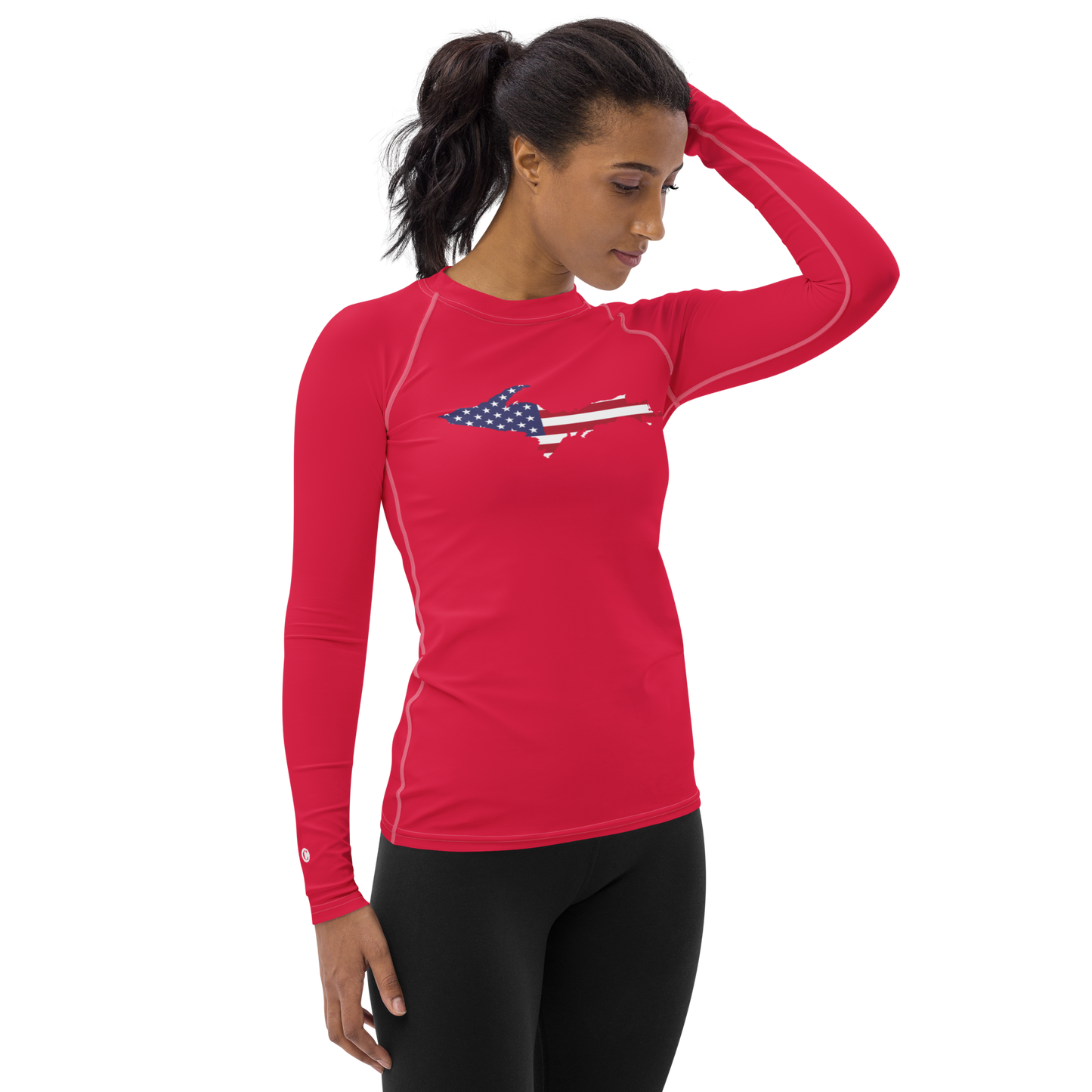 Michigan Upper Peninsula Rash Guard (w/ UP USA Flag) | Women's - Lighthouse Red