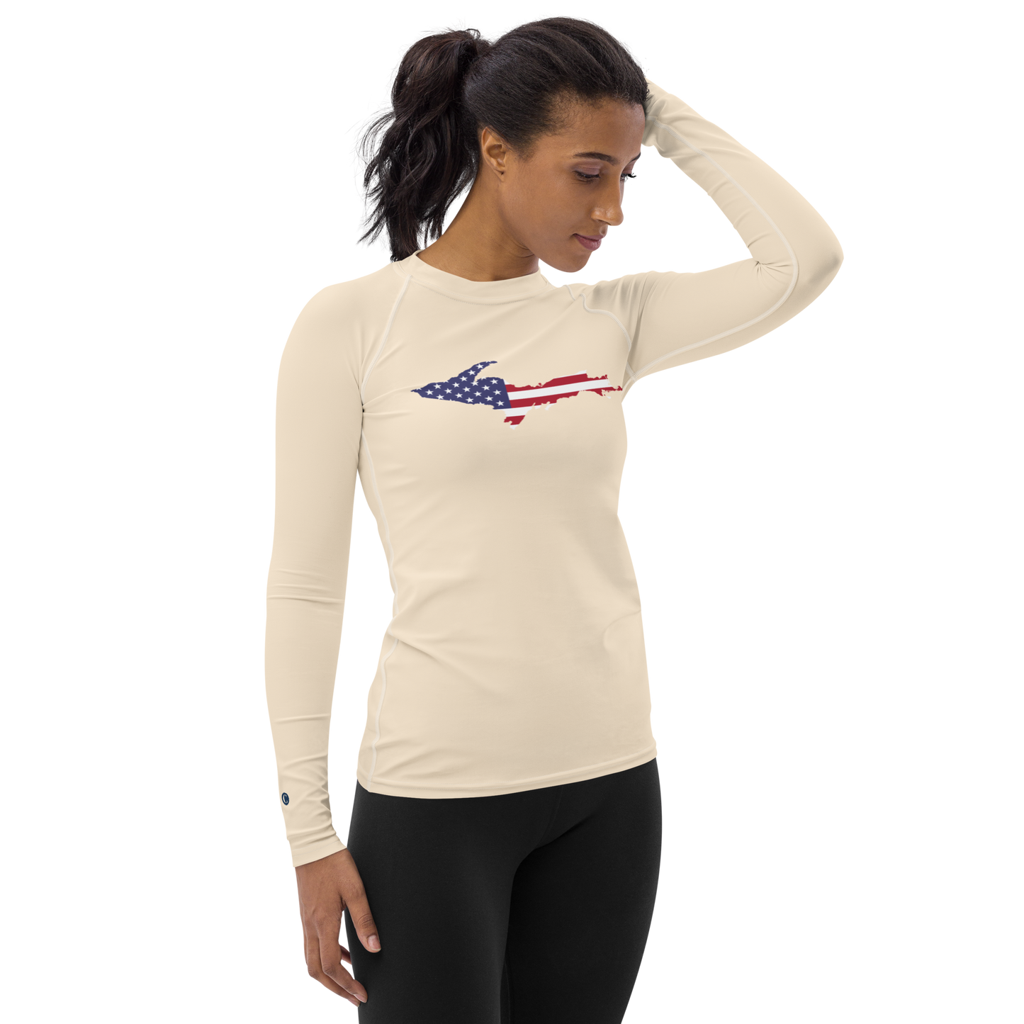 Michigan Upper Peninsula Rash Guard (w/ UP USA Flag) | Women's - Champagne White