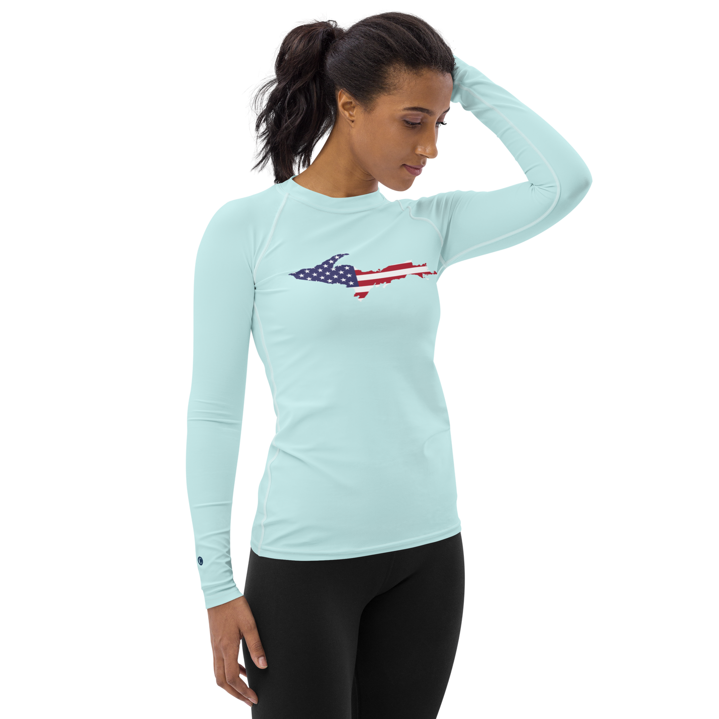 Michigan Upper Peninsula Rash Guard (w/ UP USA Flag) | Women's - Cyan