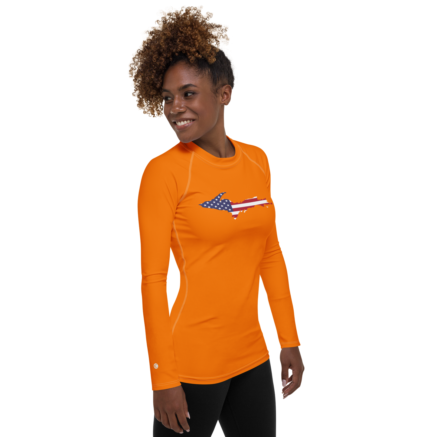 Michigan Upper Peninsula Rash Guard (w/ UP USA Flag) | Women's - Safety Orange