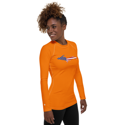 Michigan Upper Peninsula Rash Guard (w/ UP USA Flag) | Women's - Safety Orange