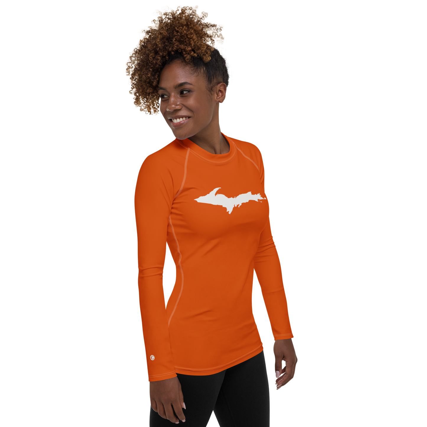 Michigan Upper Peninsula Rash Guard (w/ UP Outline) | Women's - Maple Leaf Orange