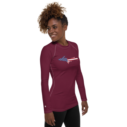 Michigan Upper Peninsula Rash Guard (w/ UP USA Flag) | Women's - Old Mission Burgundy