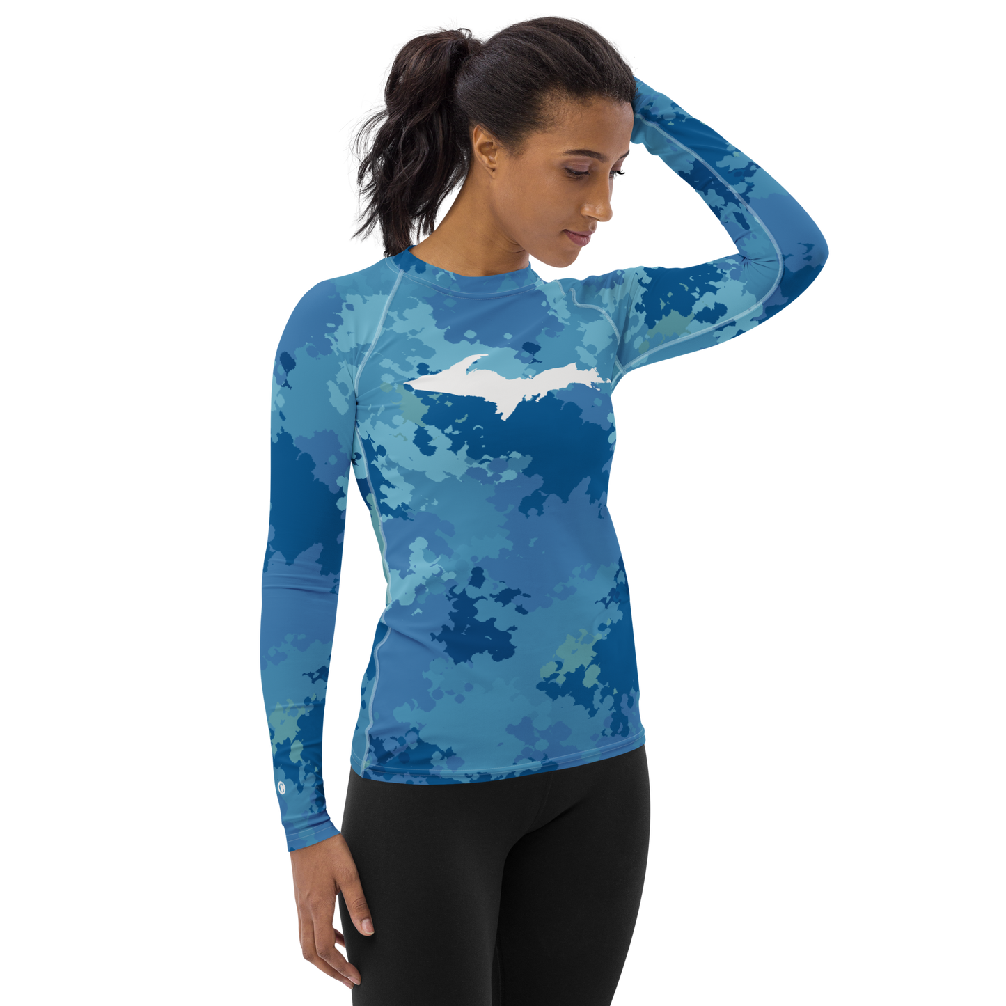 Michigan Upper Peninsula Rash Guard (w/ UP Outline) | Women's - Great Lakes Camo