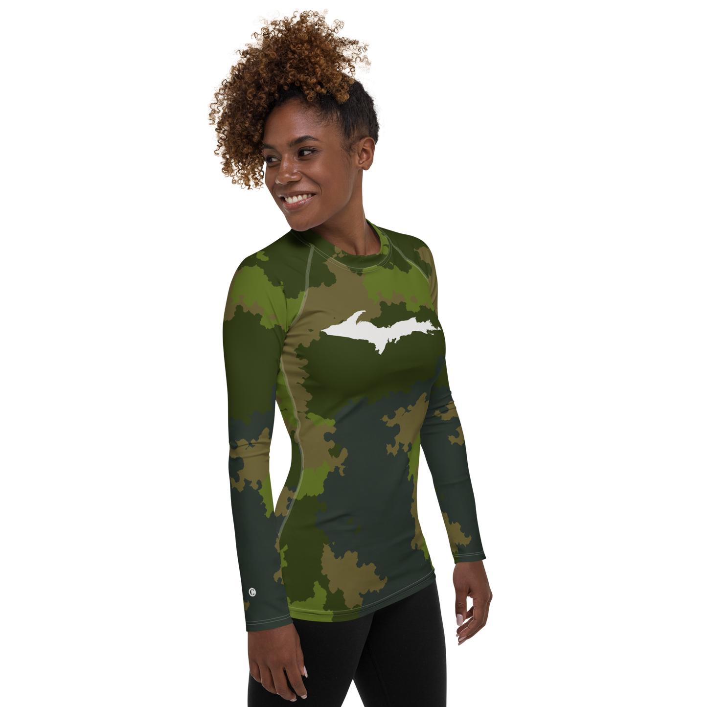 Michigan Upper Peninsula Rash Guard (w/ UP Outline) | Women's - Woodland Camo