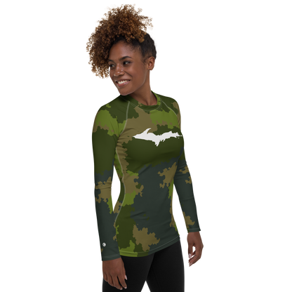 Michigan Upper Peninsula Rash Guard (w/ UP Outline) | Women's - Woodland Camo