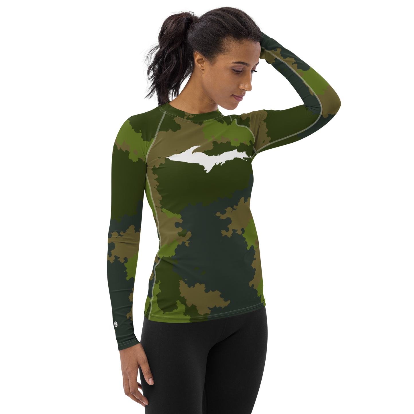 Michigan Upper Peninsula Rash Guard (w/ UP Outline) | Women's - Woodland Camo