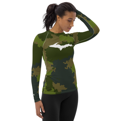 Michigan Upper Peninsula Rash Guard (w/ UP Outline) | Women's - Woodland Camo