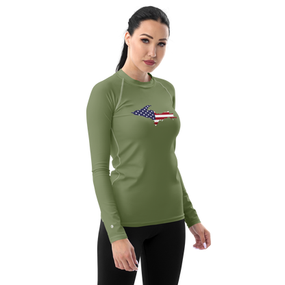 Michigan Upper Peninsula Rash Guard (w/ UP USA Flag) | Women's - Beachgrass Green