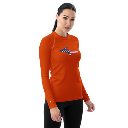 Michigan Upper Peninsula Rash Guard (w/ UP USA Flag) | Women's - Maple Leaf Orange