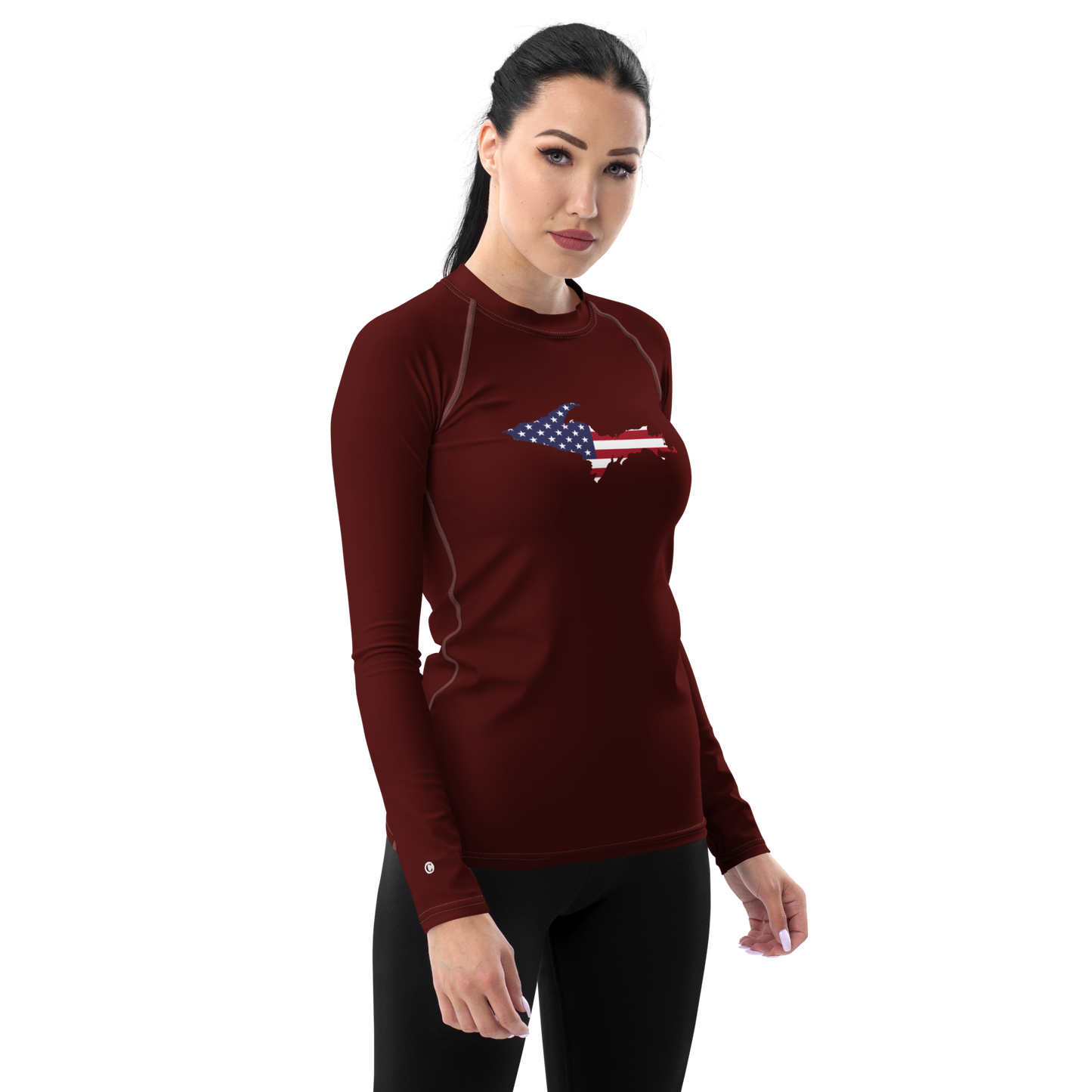 Michigan Upper Peninsula Rash Guard (w/ UP USA Flag) | Women's - Cherrywood Color