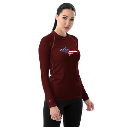 Michigan Upper Peninsula Rash Guard (w/ UP USA Flag) | Women's - Cherrywood Color