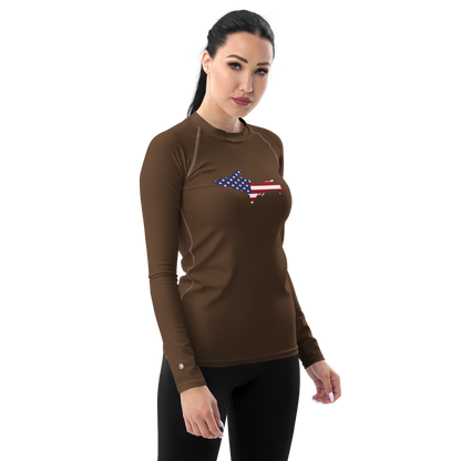 Michigan Upper Peninsula Rash Guard (w/ UP USA Flag) | Women's - Coffee Color