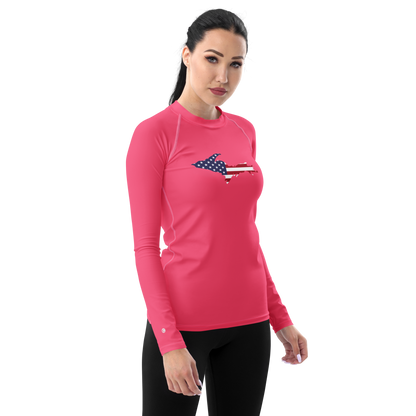 Michigan Upper Peninsula Rash Guard (w/ UP USA Flag) | Women's - Rhodochrosite Pink