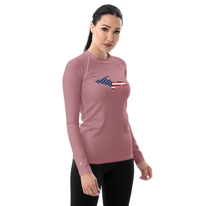 Michigan Upper Peninsula Rash Guard (w/ UP USA Flag) | Women's - Cherry Blossom Pink