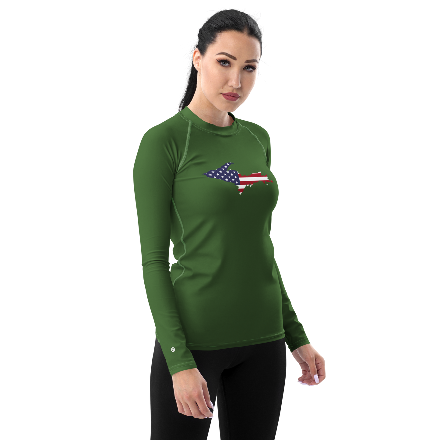 Michigan Upper Peninsula Rash Guard (w/ UP USA Flag) | Women's - Pine Green