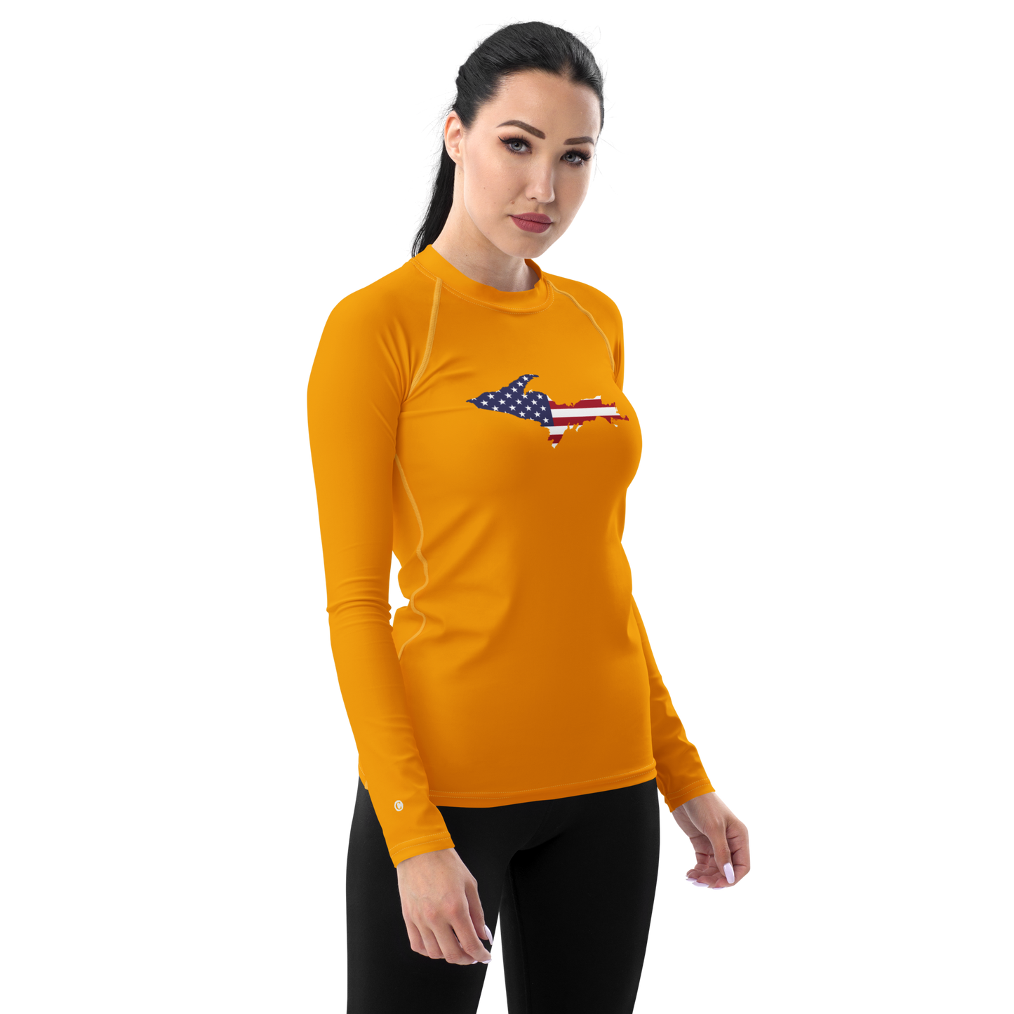 Michigan Upper Peninsula Rash Guard (w/ UP USA Flag) | Women's - Birch Leaf Orange