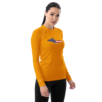 Michigan Upper Peninsula Rash Guard (w/ UP USA Flag) | Women's - Birch Leaf Orange