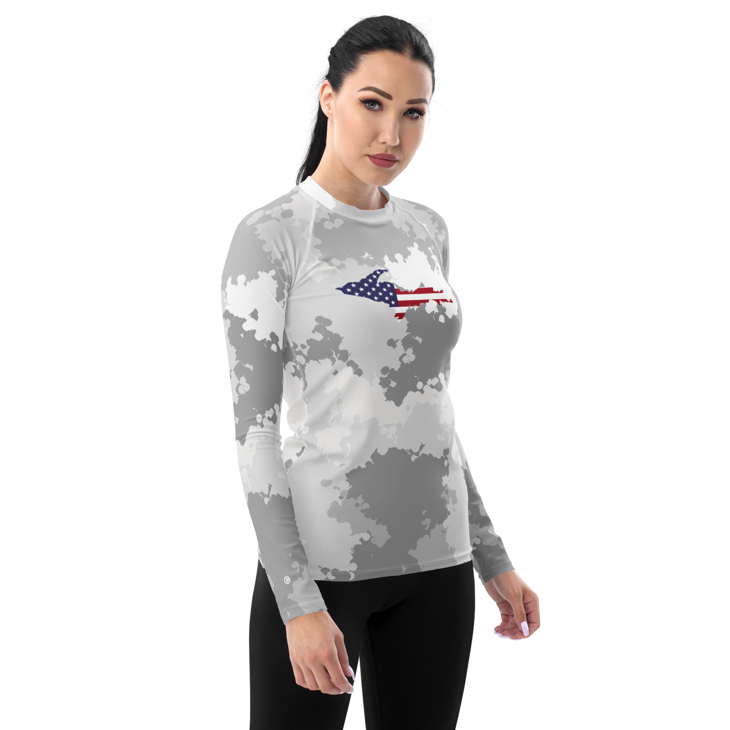 Michigan Upper Peninsula Rash Guard (w/ UP USA Flag) | Women's - Snow Camo