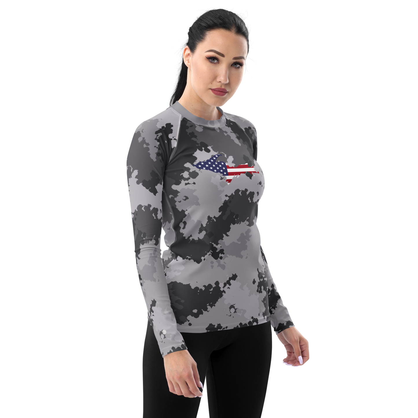 Michigan Upper Peninsula Rash Guard (w/ UP USA Flag) | Women's - Iron Ore Camo