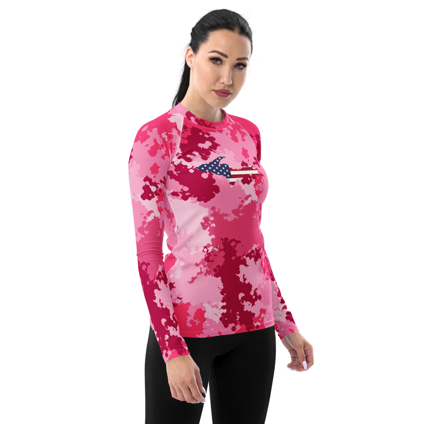 Michigan Upper Peninsula Rash Guard (w/ UP USA Flag) | Women's - Pink Camo