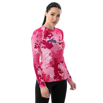 Michigan Upper Peninsula Rash Guard (w/ UP USA Flag) | Women's - Pink Camo