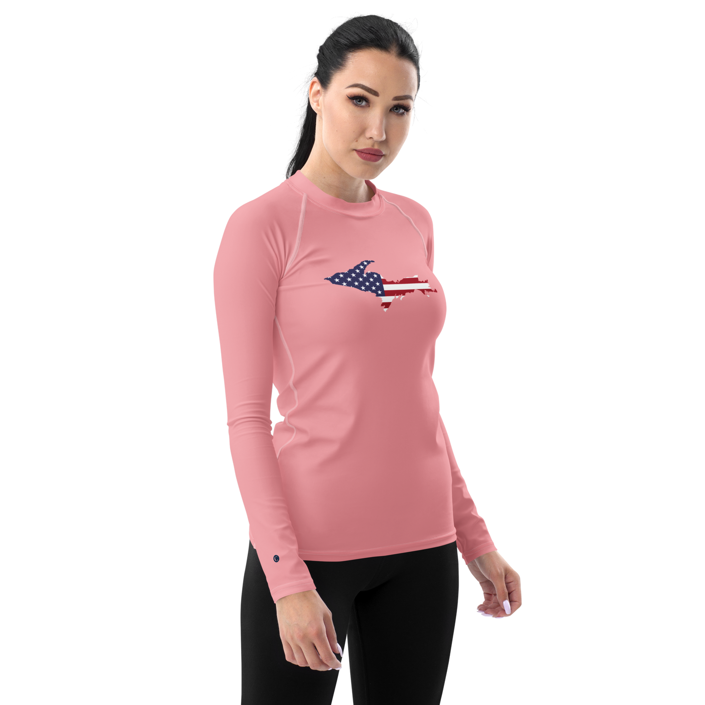 Michigan Upper Peninsula Rash Guard (w/ UP USA Flag) | Women's - Strawberry Pink