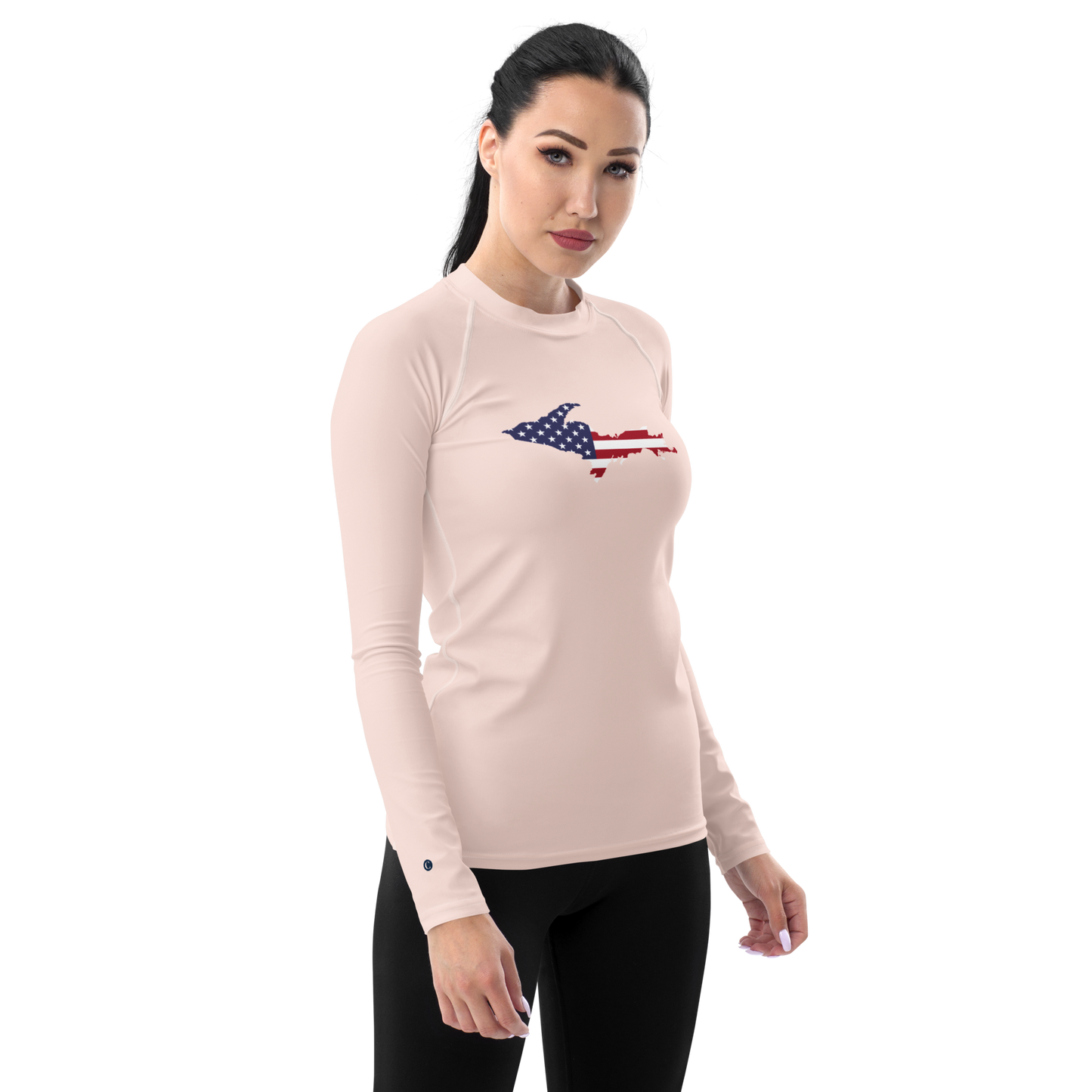 Michigan Upper Peninsula Rash Guard (w/ UP USA Flag) | Women's - Champagne Pink