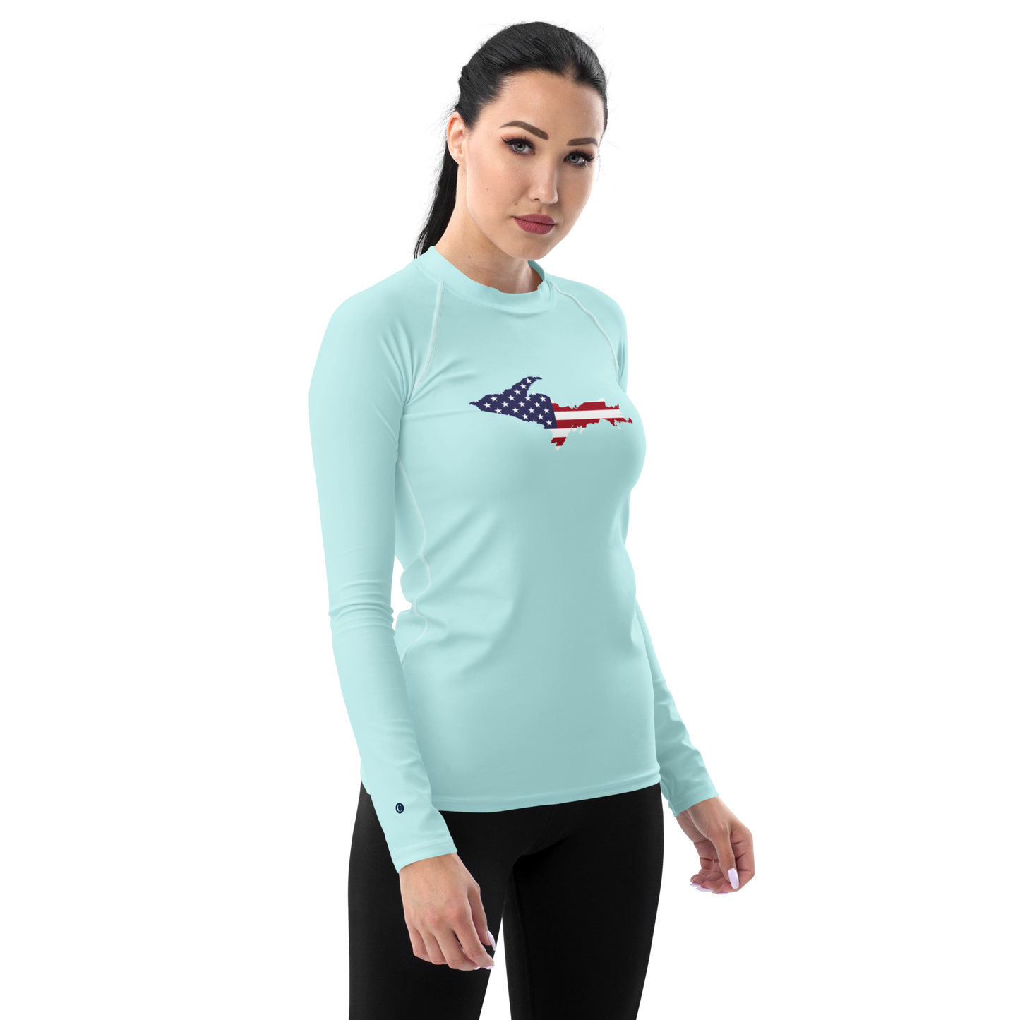 Michigan Upper Peninsula Rash Guard (w/ UP USA Flag) | Women's - Cyan