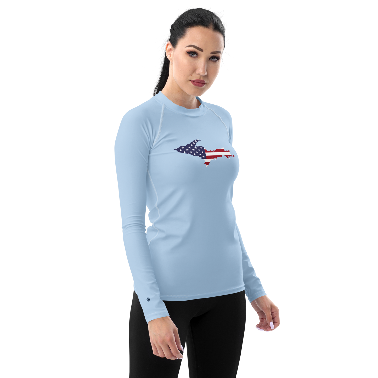 Michigan Upper Peninsula Rash Guard (w/ UP USA Flag) | Women's - Light Blue