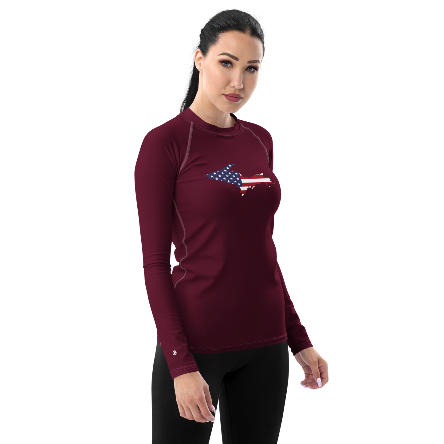 Michigan Upper Peninsula Rash Guard (w/ UP USA Flag) | Women's - Old Mission Burgundy